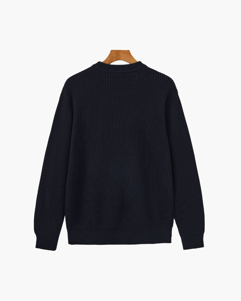 Men's Ribbed Crew-Neck Jumper with Long Sleeves - Navy