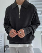 Men's Ribbed Half-Zip Jumper with a Pointed Collar - Dark Grey