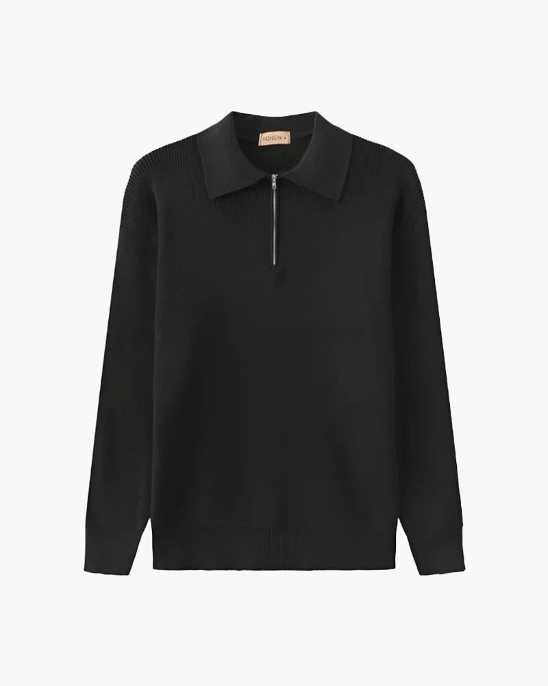 Men's Ribbed Half-Zip Jumper with a Pointed Collar - Dark Grey
