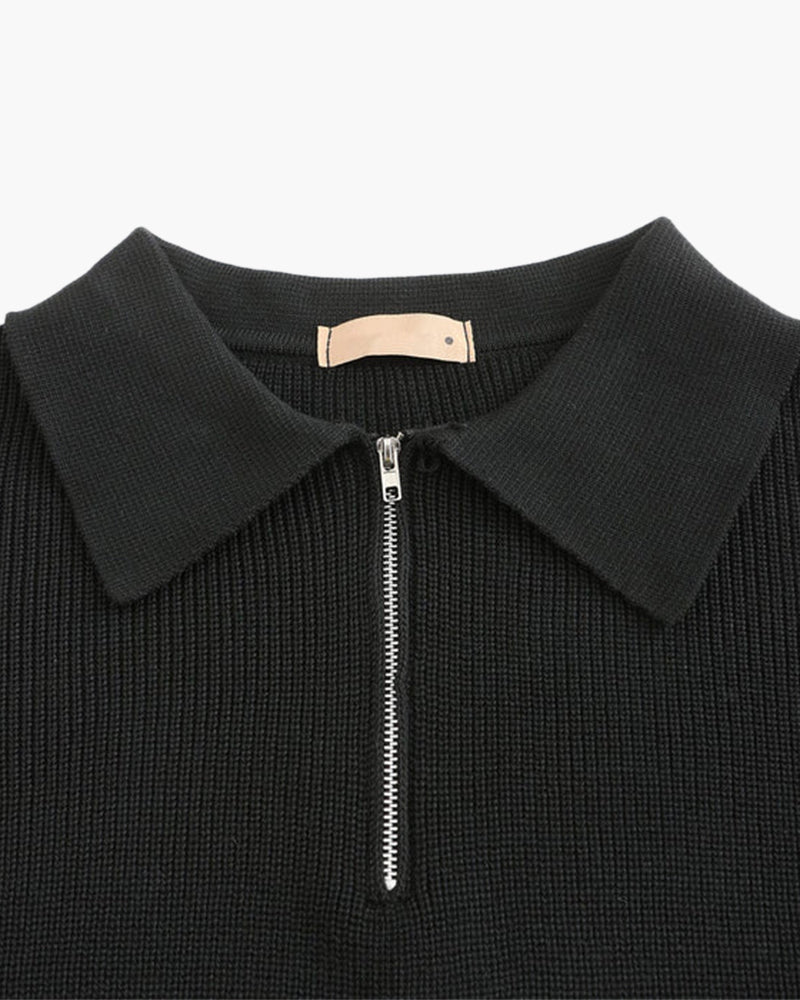 Men's Ribbed Half-Zip Jumper with a Pointed Collar - Dark Grey