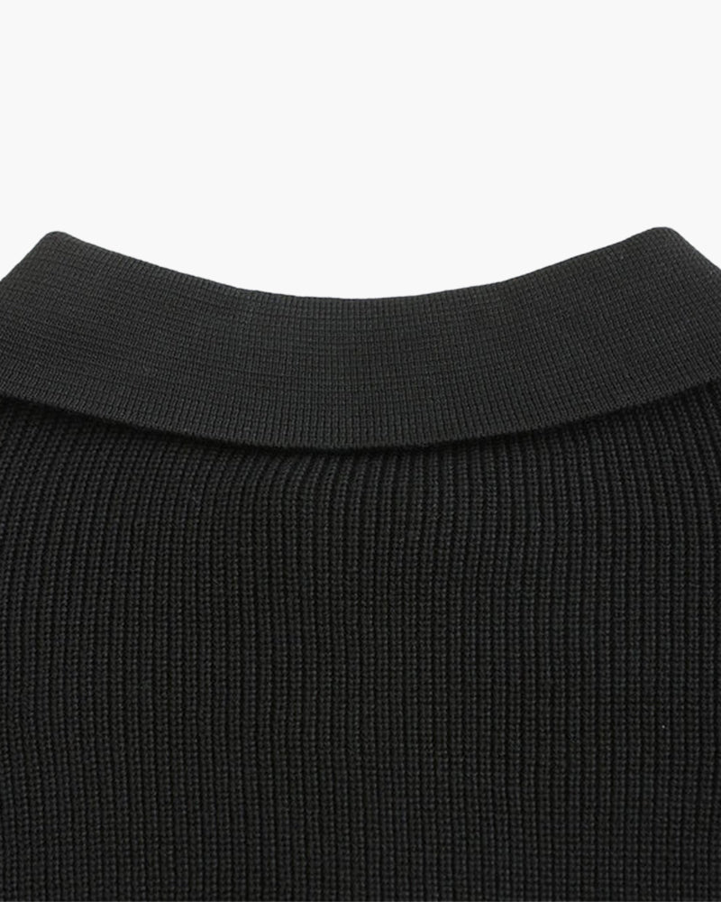 Men's Ribbed Half-Zip Jumper with a Pointed Collar - Dark Grey