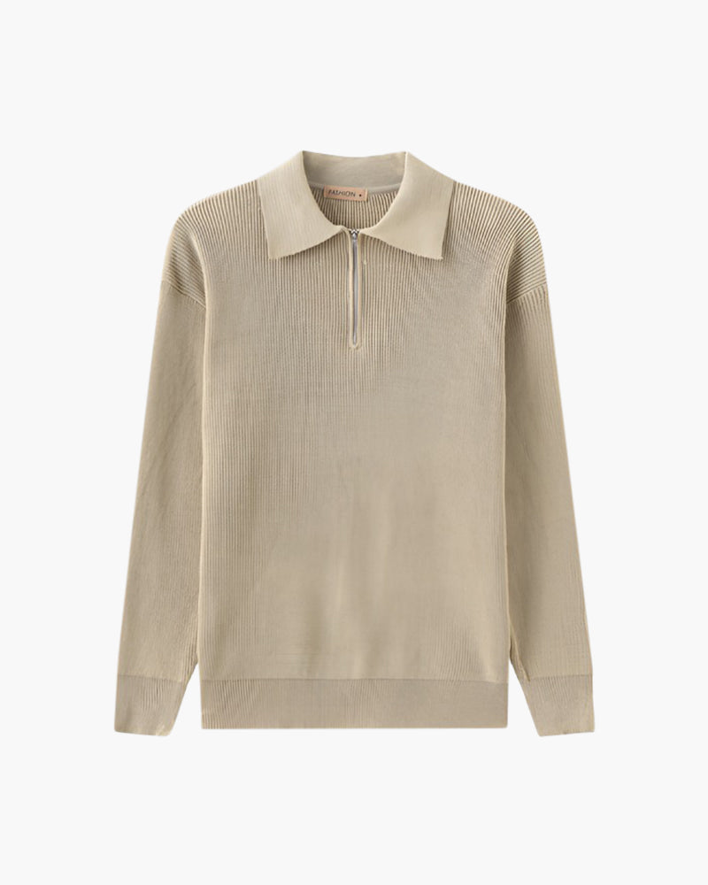 Men's Ribbed Half-Zip Jumper with a Pointed Collar - Nude
