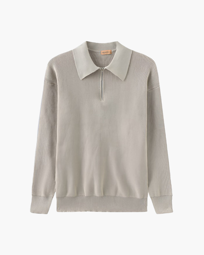 Men's Ribbed Half-Zip Jumper with a Pointed Collar - Light Grey