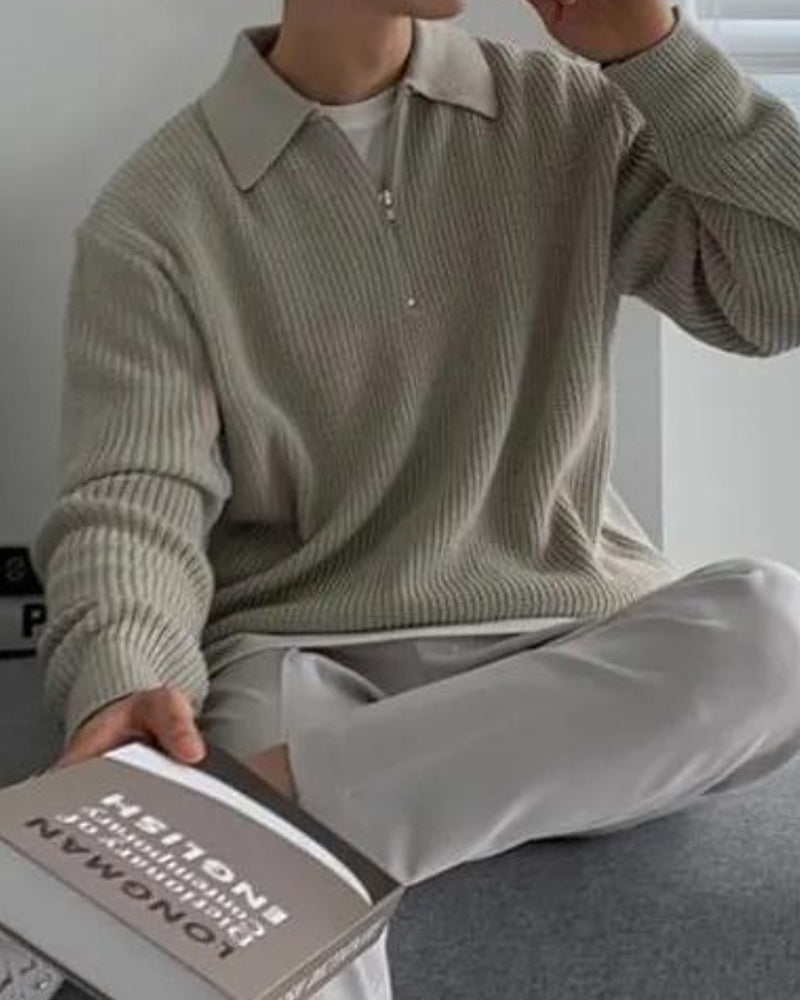 Men's Ribbed Half-Zip Jumper with a Pointed Collar - Light Grey