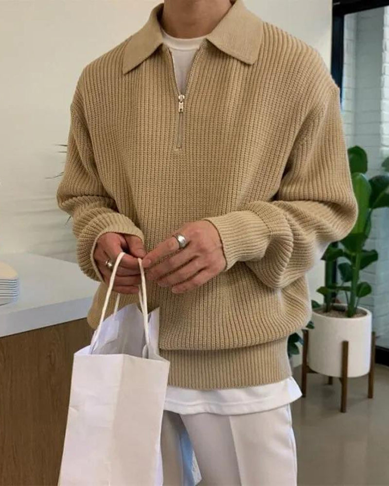 Men's Ribbed Half-Zip Jumper with a Pointed Collar - Nude