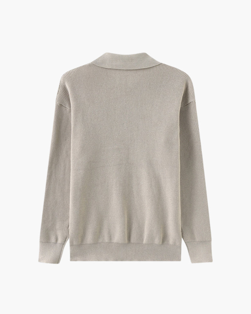 Men's Ribbed Half-Zip Jumper with a Pointed Collar - Light Grey