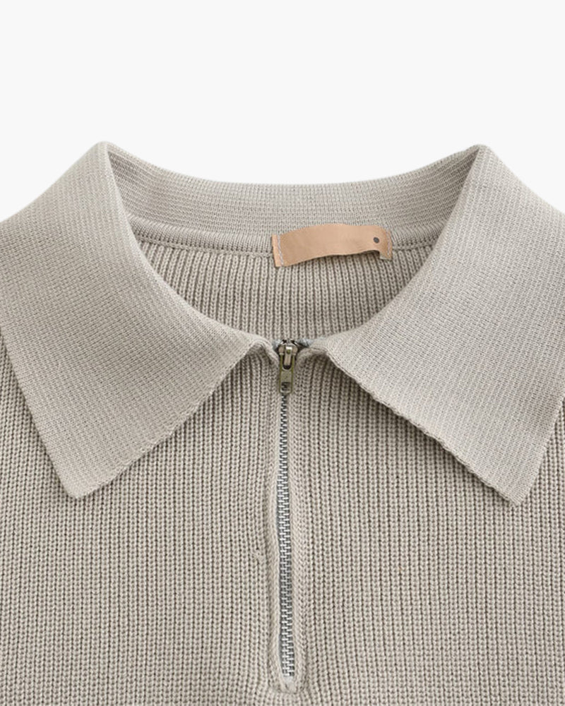 Men's Ribbed Half-Zip Jumper with a Pointed Collar - Light Grey