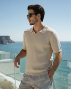 Men's Ribbed Open-Collar Polo with Short Sleeves - Beige