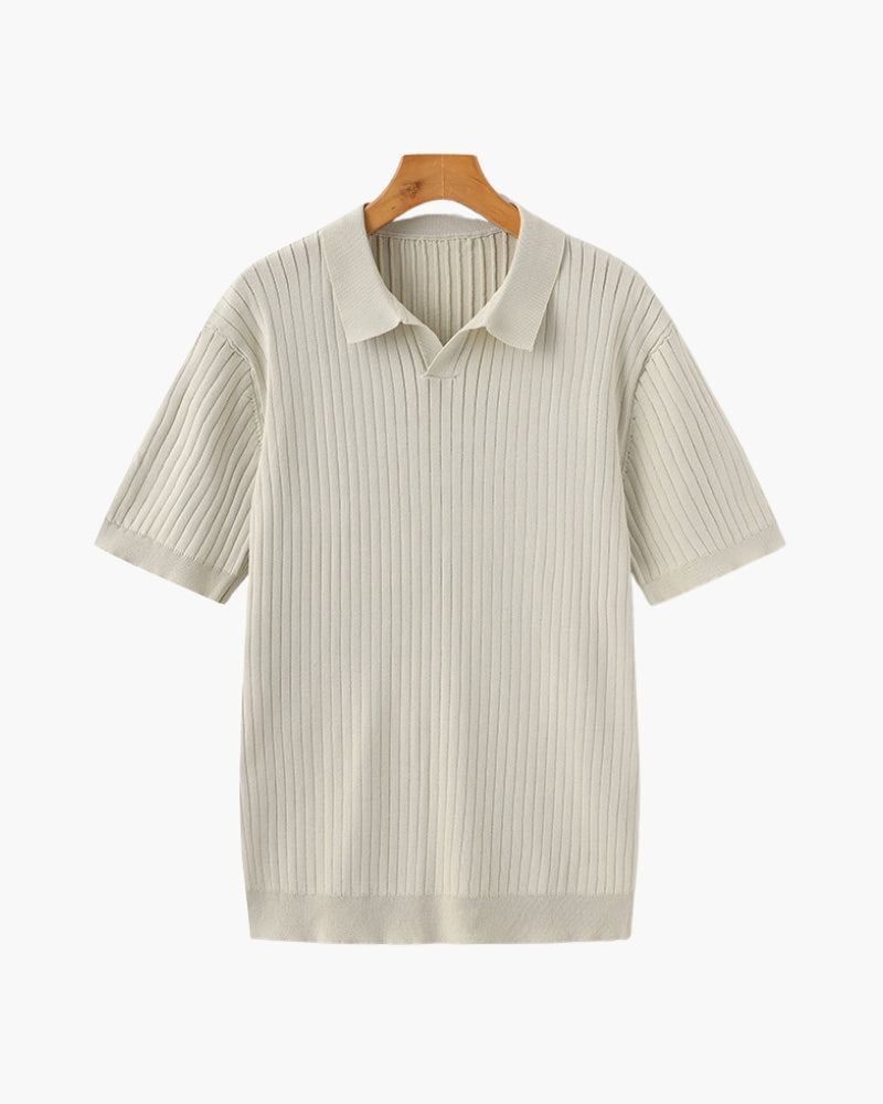 Men's Ribbed Open-Collar Polo with Short Sleeves - Beige