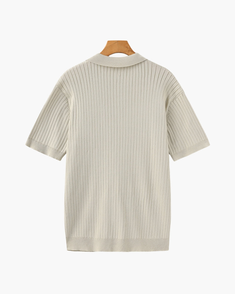 Men's Ribbed Open-Collar Polo with Short Sleeves - Beige