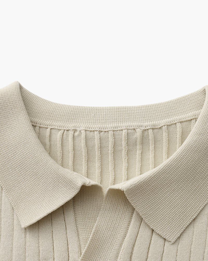 Men's Ribbed Open-Collar Polo with Short Sleeves - Beige