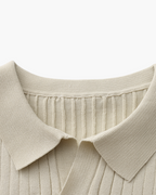 Men's Ribbed Open-Collar Polo with Short Sleeves - Beige