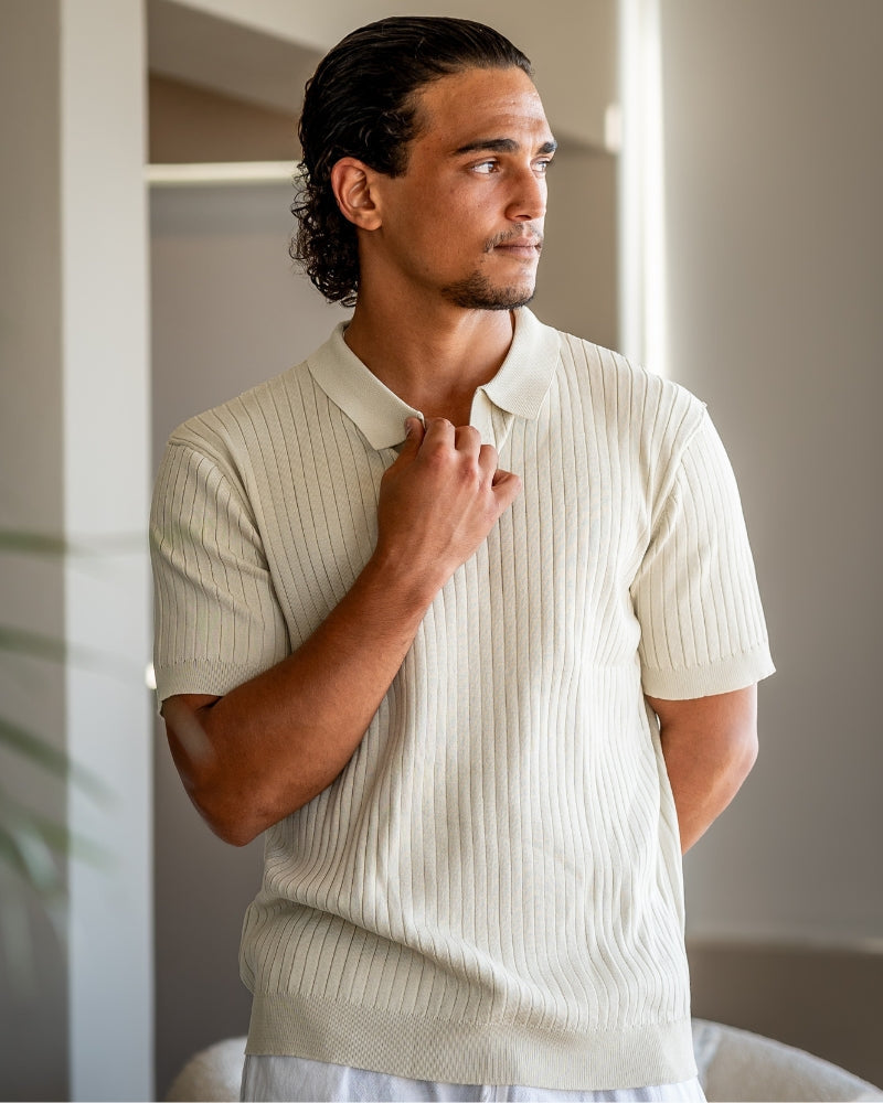 Men's Ribbed Open-Collar Polo with Short Sleeves - Beige