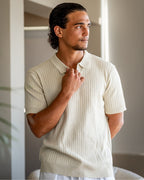 Men's Ribbed Open-Collar Polo with Short Sleeves - Beige