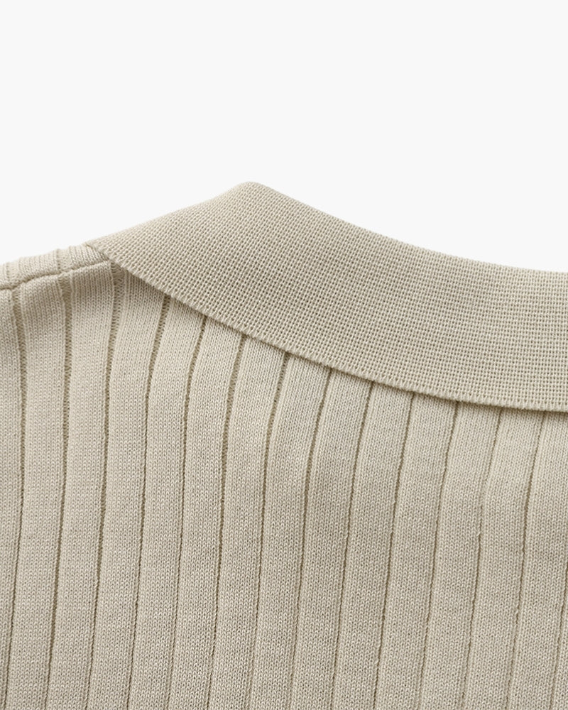 Men's Ribbed Open-Collar Polo with Short Sleeves - Beige