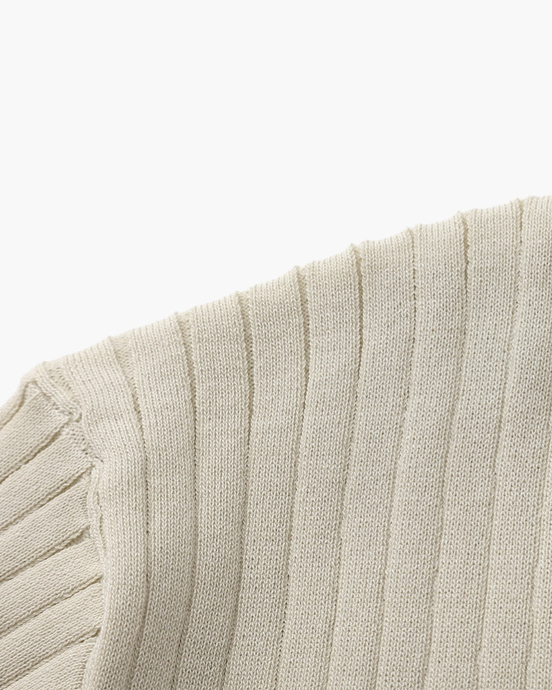Men's Ribbed Open-Collar Polo with Short Sleeves - Beige