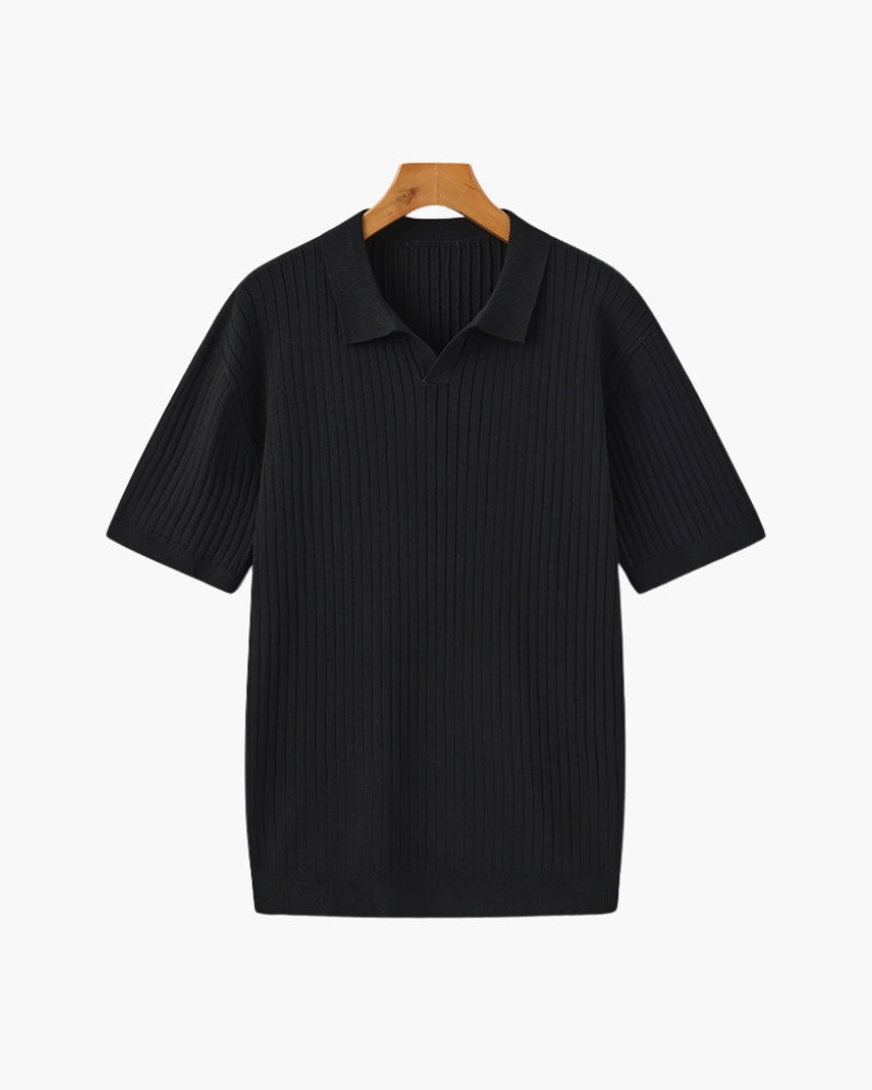 Men's Ribbed Open-Collar Polo with Short Sleeves - Black