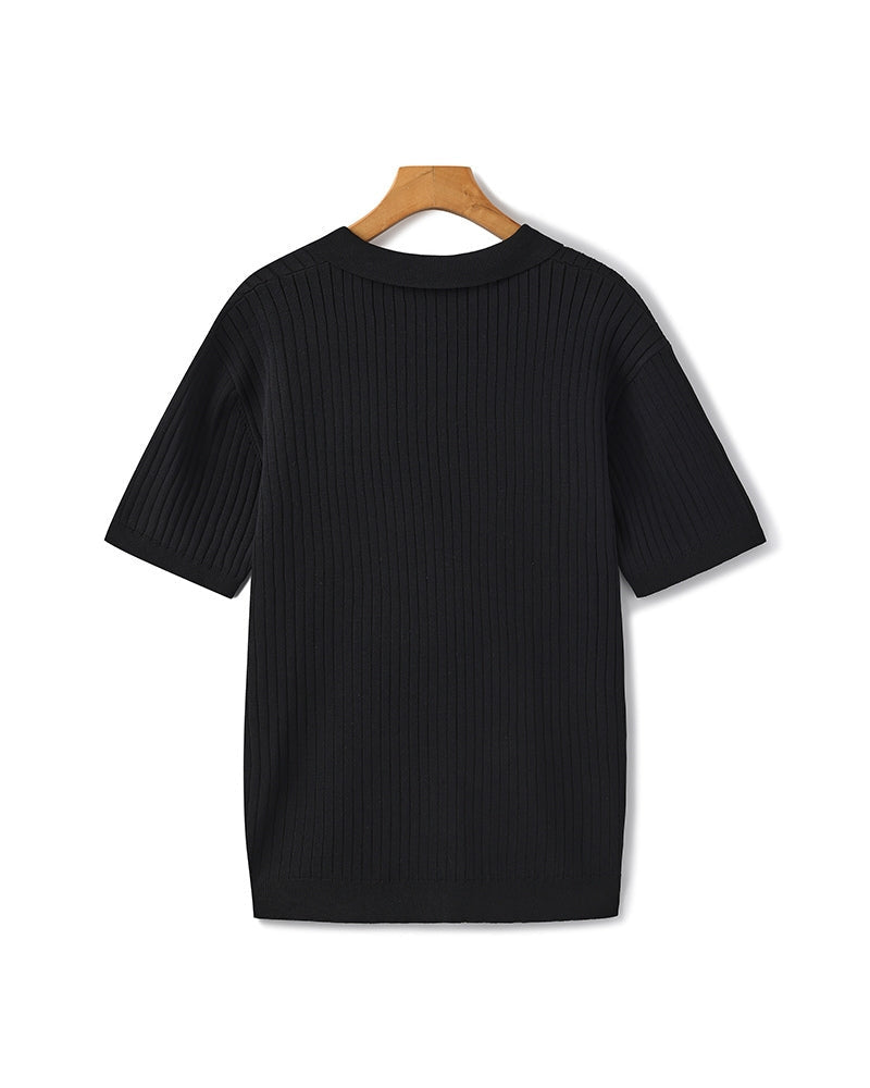 Men's Ribbed Open-Collar Polo with Short Sleeves - Black