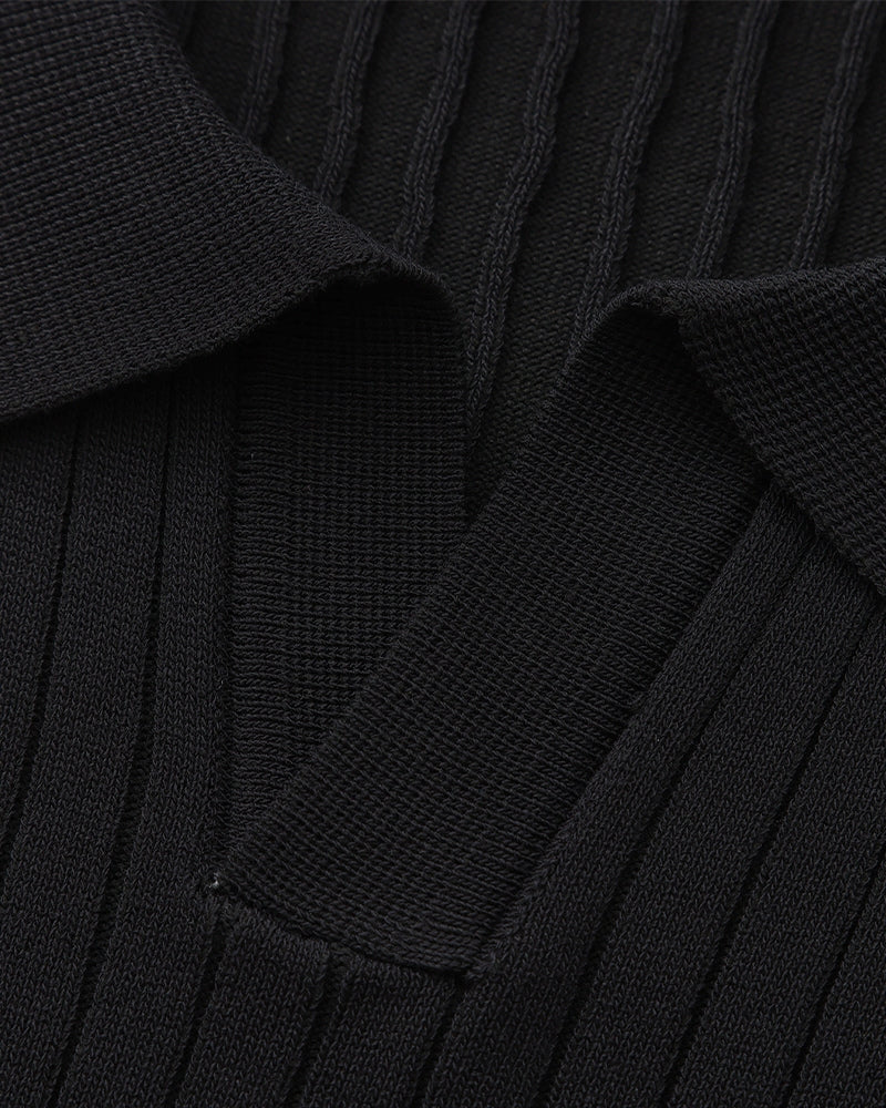 Men's Ribbed Open-Collar Polo with Short Sleeves - Black