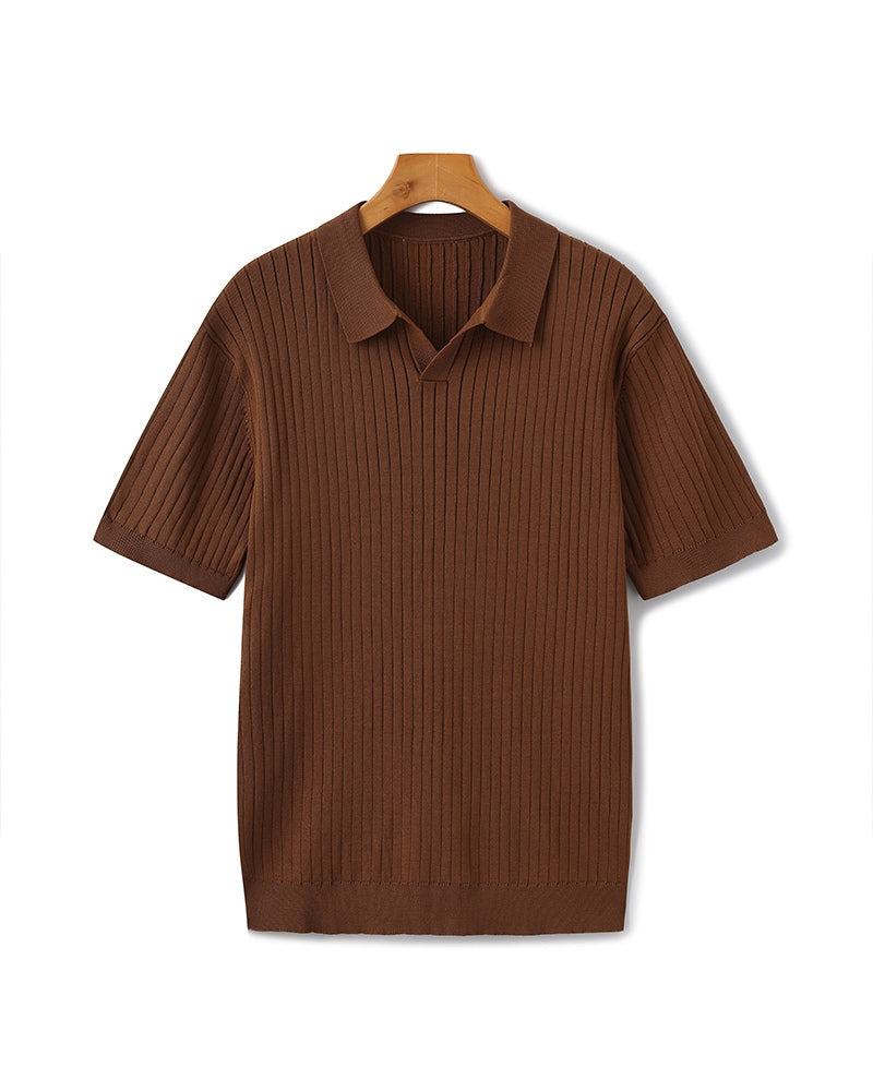 Men's Ribbed Open-Collar Polo with Short Sleeves - Brown