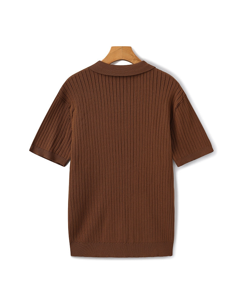Men's Ribbed Open-Collar Polo with Short Sleeves - Brown