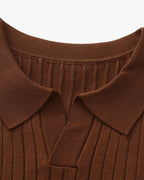 Men's Ribbed Open-Collar Polo with Short Sleeves - Brown