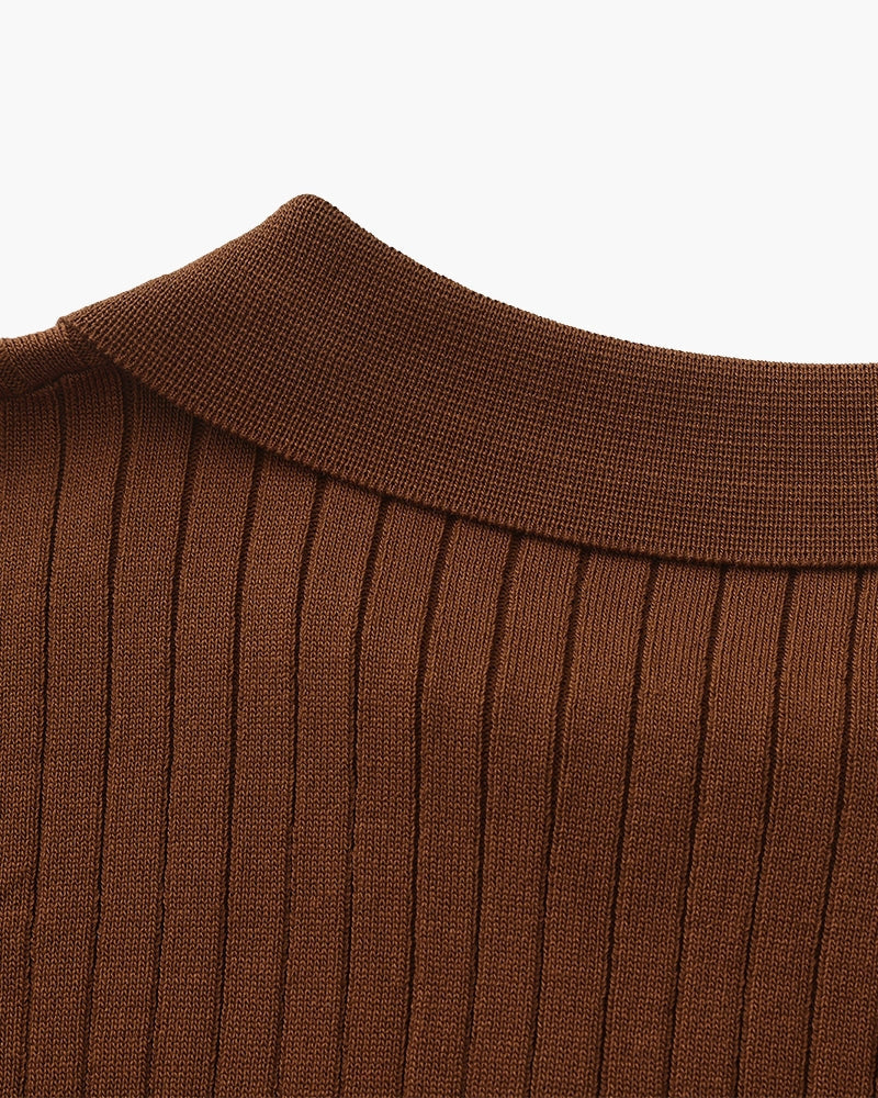 Men's Ribbed Open-Collar Polo with Short Sleeves - Brown