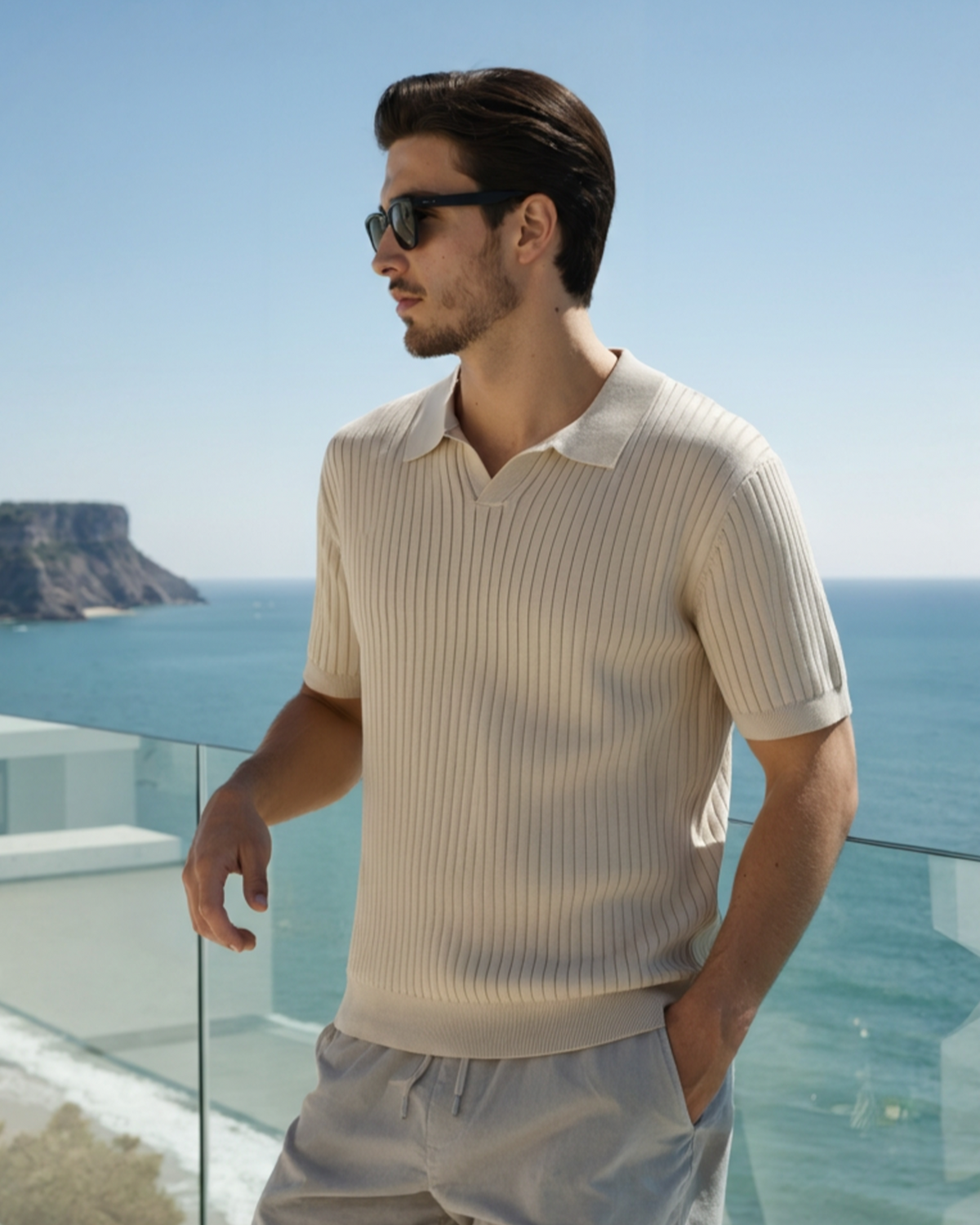 Men's Ribbed Open-Collar Polo with Short Sleeves - Beige