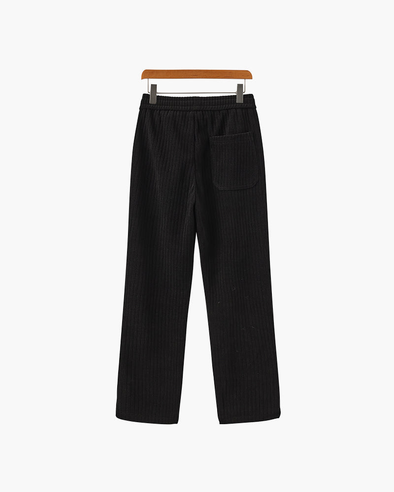 Men's Ribbed Straight-Leg Trousers with Drawstring - Black