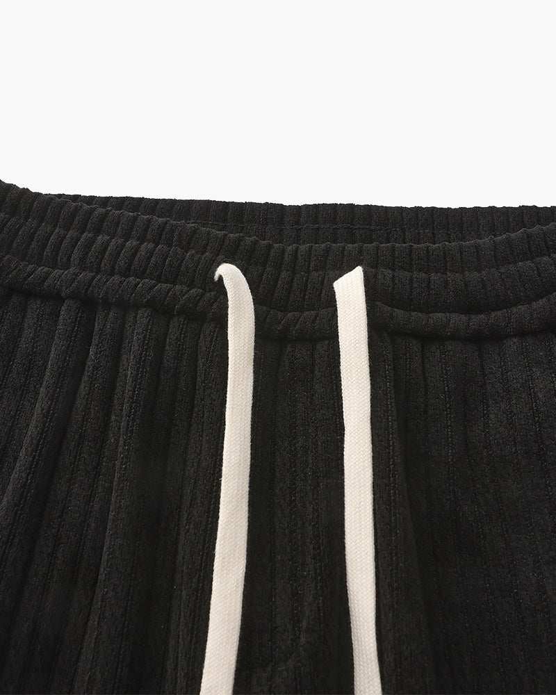 Men's Ribbed Straight-Leg Trousers with Drawstring - Black