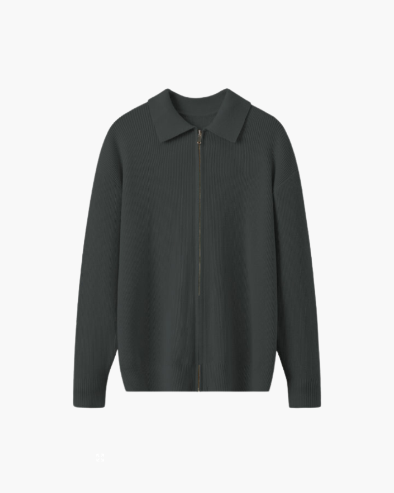Men's Ribbed Zip Cardigan with a Pointed Collar - Grey