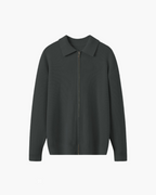 Men's Ribbed Zip Cardigan with a Pointed Collar - Grey