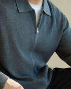 Men's Ribbed Zip Cardigan with a Pointed Collar - Grey