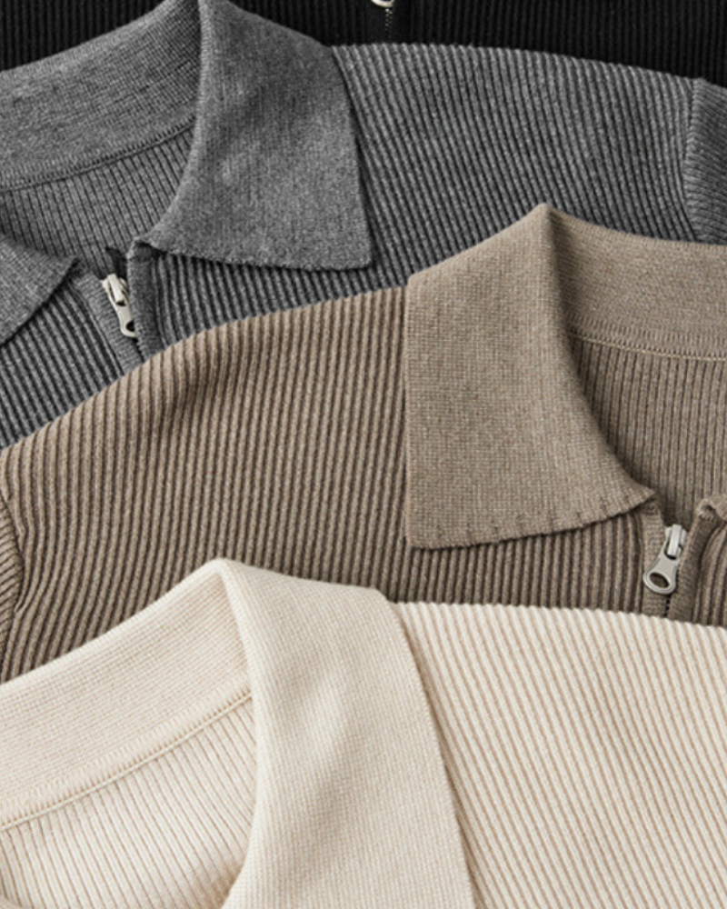 Men's Ribbed Zip Cardigan with a Pointed Collar - shared