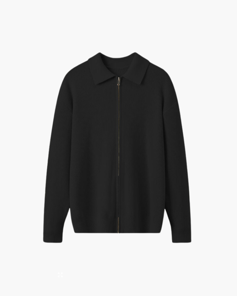 Men's Ribbed Zip Cardigan with a Pointed Collar - Black
