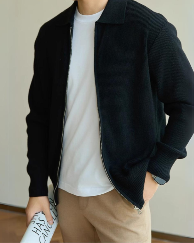 Men's Ribbed Zip Cardigan with a Pointed Collar - Black