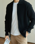 Men's Ribbed Zip Cardigan with a Pointed Collar - Black