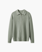 Men's Ribbed Zip Cardigan with a Pointed Collar - Green