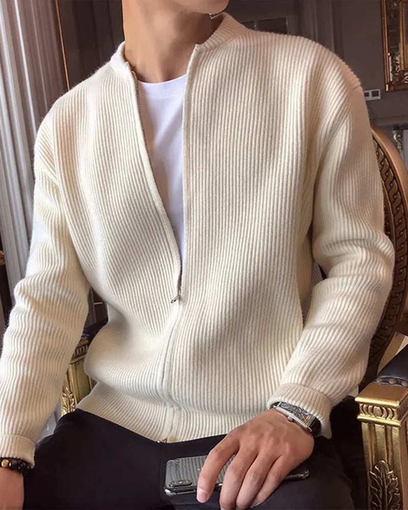 Men's Ribbed Zip Cardigan with a Rounded Neckline - Nude