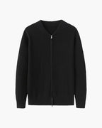 Men's Ribbed Zip Cardigan with a Rounded Neckline - Black