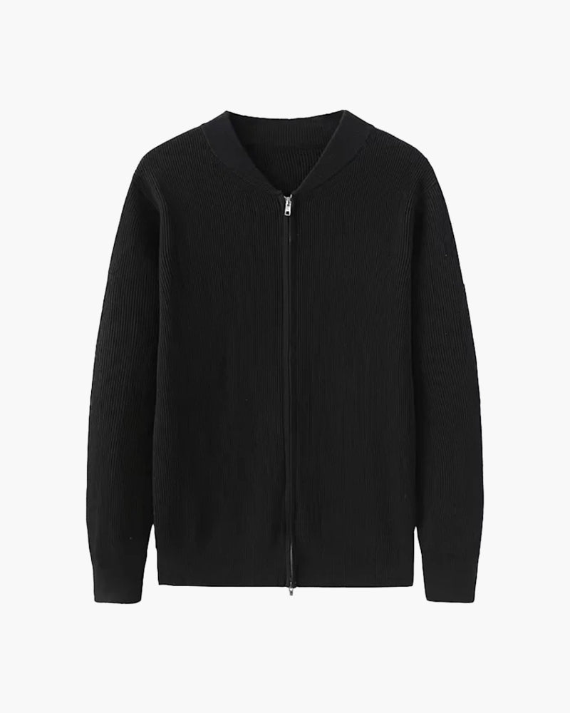 Men's Ribbed Zip Cardigan with a Rounded Neckline - Black