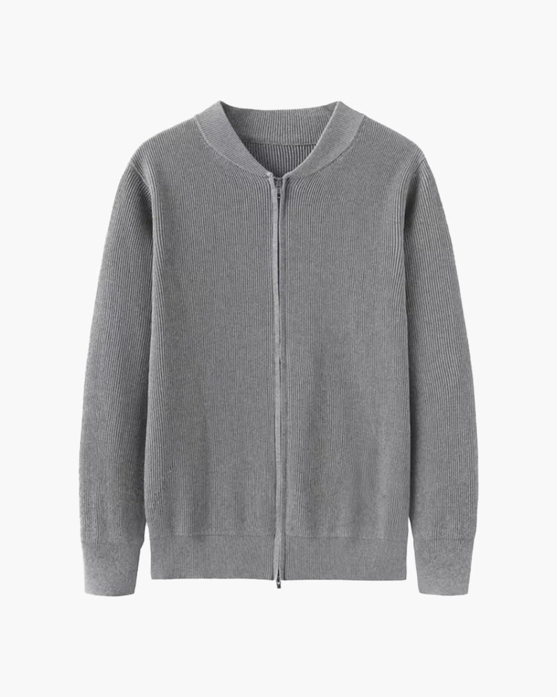 Men's Ribbed Zip Cardigan with a Rounded Neckline - Grey