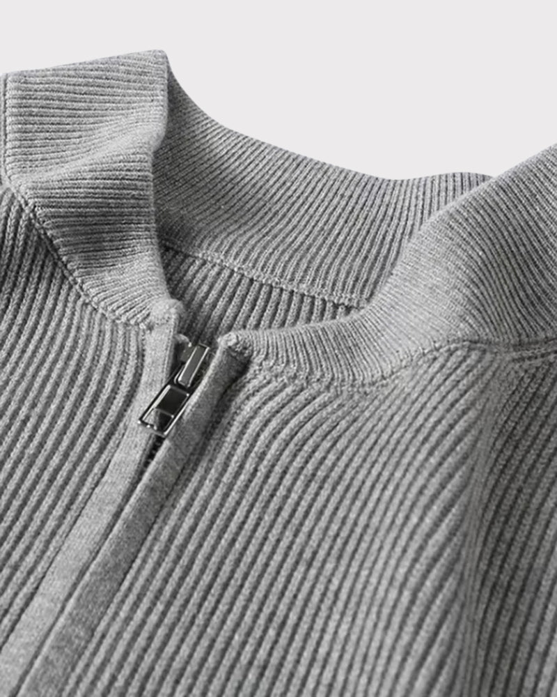 Men's Ribbed Zip Cardigan with a Rounded Neckline - Grey
