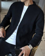 Men's Ribbed Zip Cardigan with a Rounded Neckline - Black