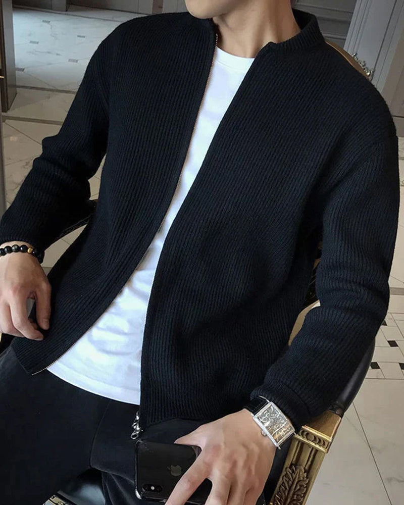 Men's Ribbed Zip Cardigan with a Rounded Neckline - Black
