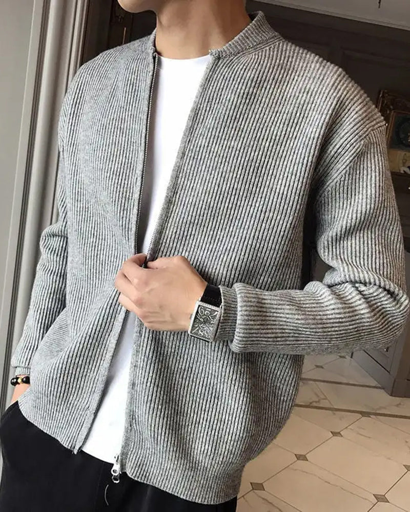 Men's Ribbed Zip Cardigan with a Rounded Neckline - Grey