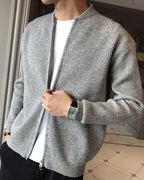 Men's Ribbed Zip Cardigan with a Rounded Neckline - Grey