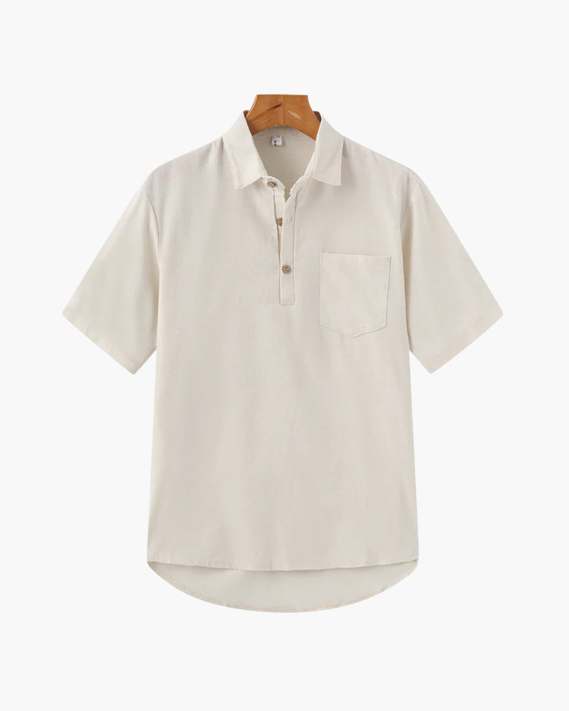Men's Short-Sleeve Button-Neck Shirt with Chest Pocket - Beige