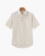 Men's Short-Sleeve Button-Neck Shirt with Chest Pocket - Beige
