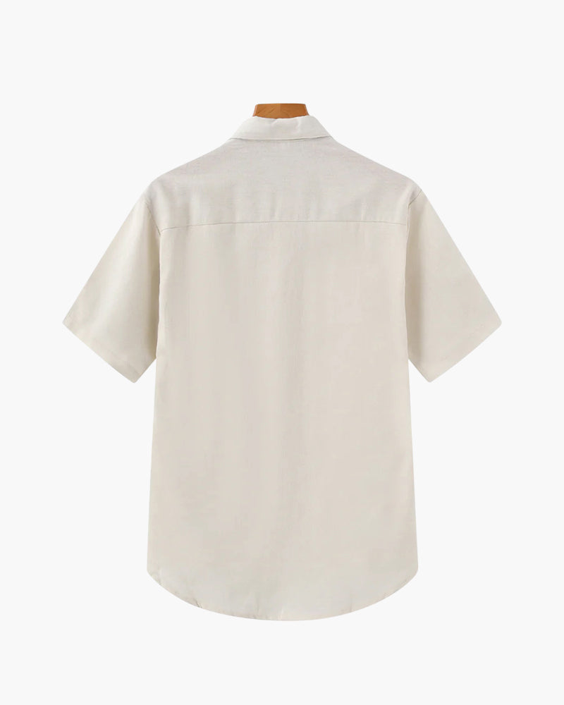Men's Short-Sleeve Button-Neck Shirt with Chest Pocket - Beige
